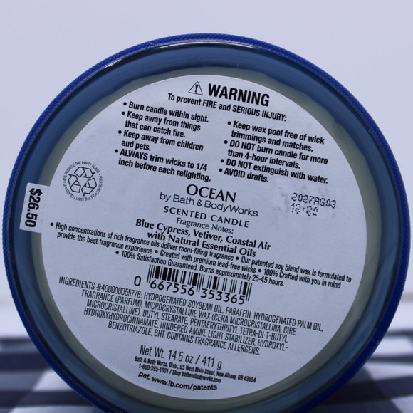 NWT Bath & Body Works Ocean 3 Wick 14.5oz Scented Candle - Picture 2 of 2